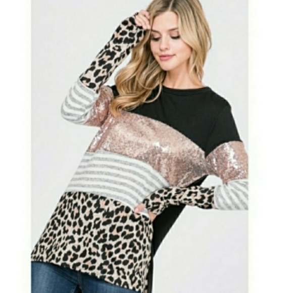 Sequined & Leopard Print Block Top - Picture 7 of 8